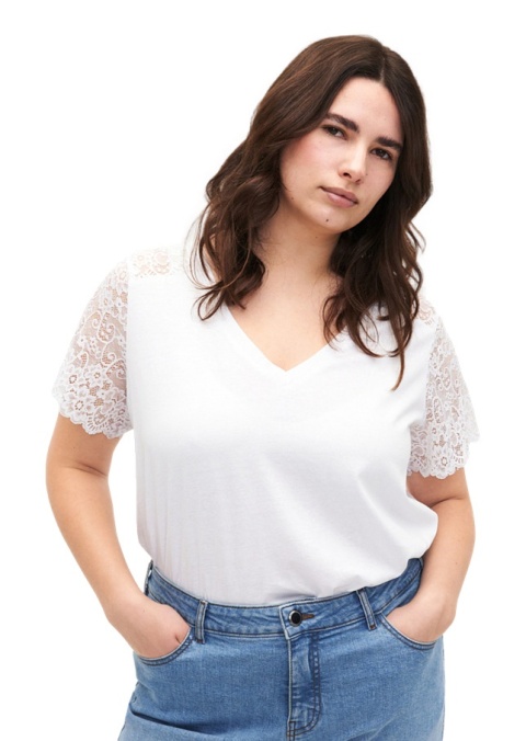 ZIZZI ELEGANCKA BIAŁA BLUZKA KORONKA BAWEŁNA 921B