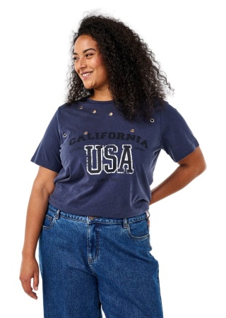 ZIZZI WYJĄTKOWY GRANATOWY T-SHIRT NAPIS DETALE 285A