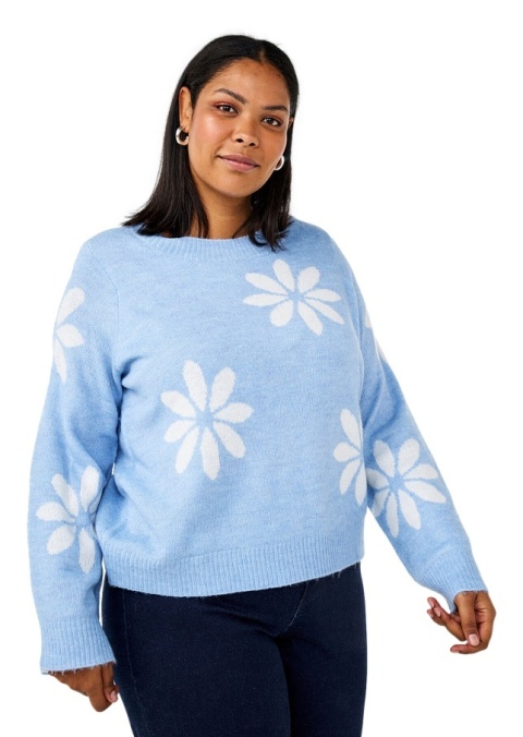 ZIZZI PIĘKNA BŁĘKITNA BLUZKA DZIANINA SWETER KWIATY 410A
