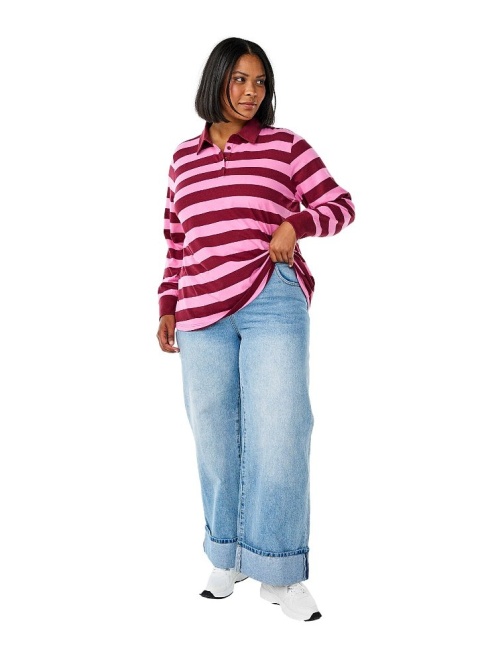 ZIZZI KLASYCZNA BORDOWO RÓŻOWA BLUZKA POLO W PASKI 611B