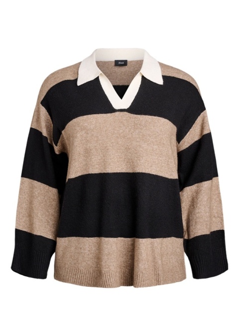 ZIZZI BEŻOWA DZIANINOWA BLUZKA W PASKI KOŁNIERZYK 473H