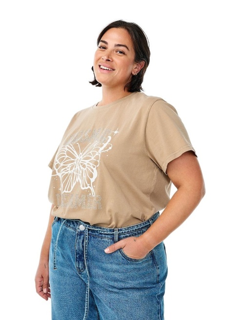 ZIZZI MODNY BEŻOWY T-SHIRT NADRUK BAWEŁNA 624A