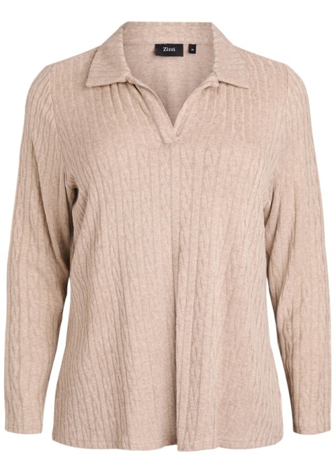 ZIZZI BEŻOWA DZIANINOWA BLUZKA Z KOŁNIERZYKIEM WZÓR 507A