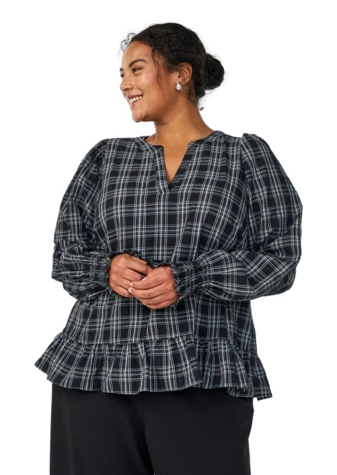 ZIZZI ELEGANCKA CZARNA BLUZKA W KRATĘ FALBANA 160A