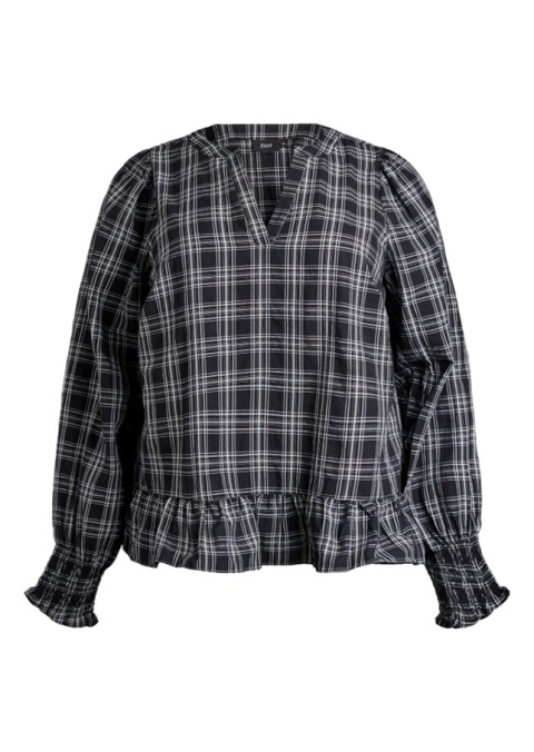 ZIZZI ELEGANCKA CZARNA BLUZKA W KRATĘ FALBANA 160A