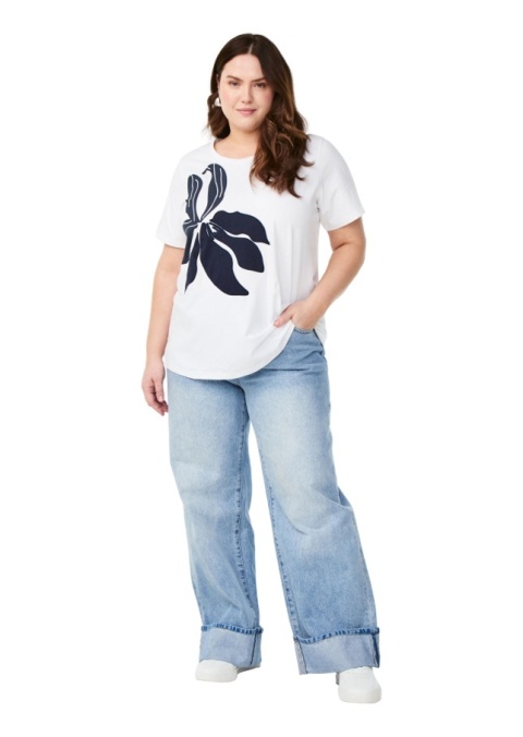 ZIZZI BIAŁY T-SHIRT NADRUK KWIAT BAWEŁNA 256A