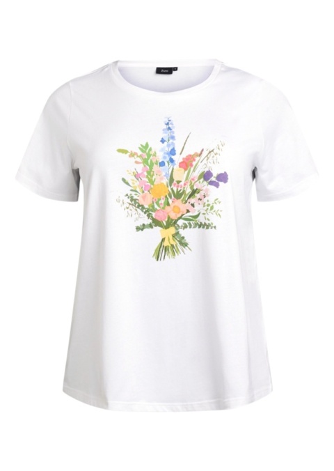 ZIZZI BIAŁY KLASYCZNY BAWEŁNIANY T-SHIRT NADRUK KWIATY 252I