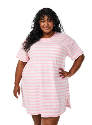 ZIZZI DŁUGA KOSZULKA T-SHIRT OVERSIZE RÓŻOWY BIAŁY 086B