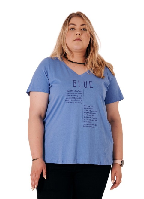ZIZZI KLASYCZNY T-SHIRT Z NAPISEM BLUE BAWEŁNA PLUS SIZE 231C