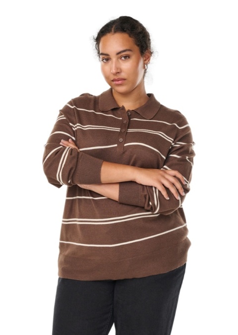 ZIZZI MODNY DZIANINOWY SWETER BLUZKA W PASKI BRĄZOWY POLO 479B