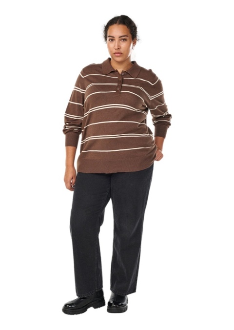 ZIZZI MODNY DZIANINOWY SWETER BLUZKA W PASKI BRĄZOWY POLO 479B