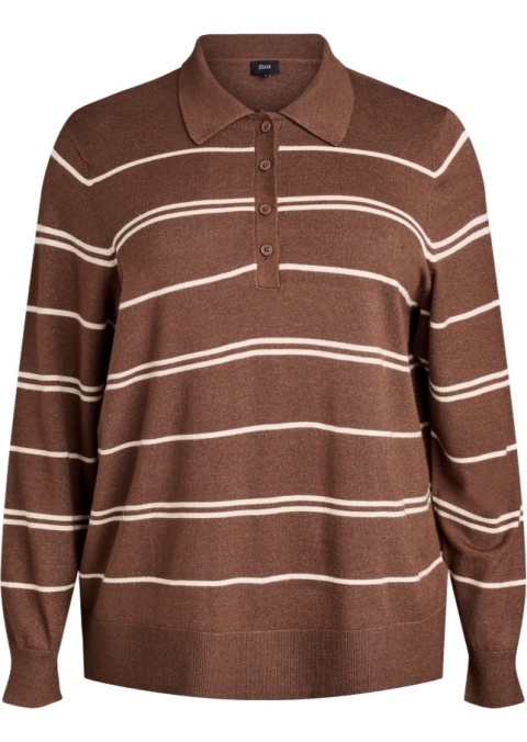 ZIZZI MODNY DZIANINOWY SWETER BLUZKA W PASKI BRĄZOWY POLO 479B