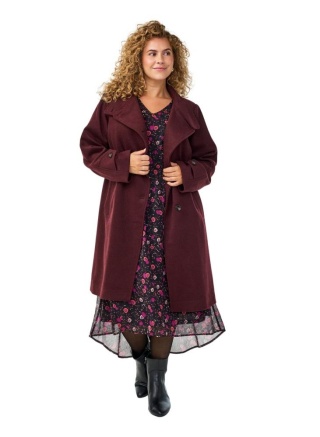 ZIZZI ELEGANCKI BORDOWY PŁASZCZ MIDI Z WEŁNĄ 526A