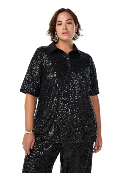 ZIZZI CZARNA IMPREZOWA BLUZKA POLO CEKINY 501A